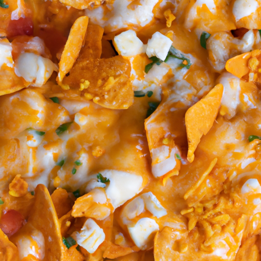 A close-up shot of crispy tortilla chips covered in melted cheese and various toppings, ready to be devoured.