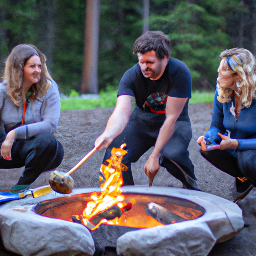 A group of friends gathered around a campfire, cooking delicious meals including Dutch oven pizza.